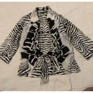 Mishca Women's Blouse Medium Black White Zebra Print Tie Front